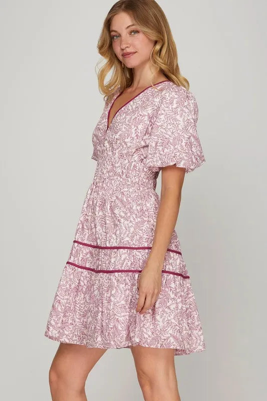 She + Sky Full Size Printed V-Neck Puff Sleeve Tiered Dress Plus Size - Brittney MADE
