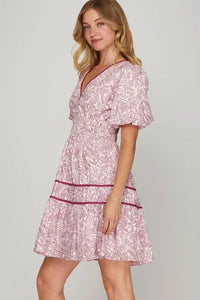 She + Sky Full Size Printed V-Neck Puff Sleeve Tiered Dress Plus Size - Brittney MADE