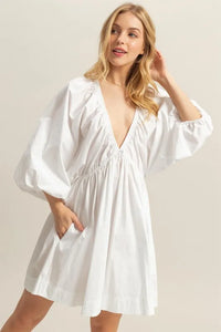 HYFVE Plunge Balloon Sleeve Poplin Mini Dress with Pockets - Brittney MADE