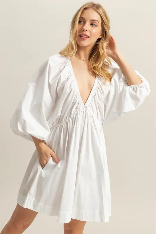 HYFVE Plunge Balloon Sleeve Poplin Mini Dress with Pockets - Brittney MADE