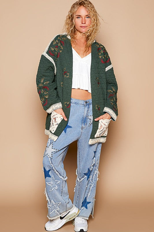 POL Embroidered Open Front Quilted Jacket with Crochet Pockets - Brittney MADE