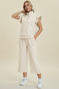 Double Take Full Size Texture Ruffle Short Sleeve Top and Wide Leg Pants Set - Brittney MADE