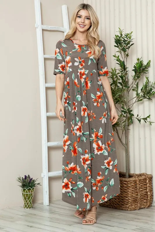 BOMBOM Floral Round Neck Short Sleeve Maxi Tee Dress - Brittney MADE