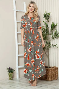 BOMBOM Floral Round Neck Short Sleeve Maxi Tee Dress - Brittney MADE