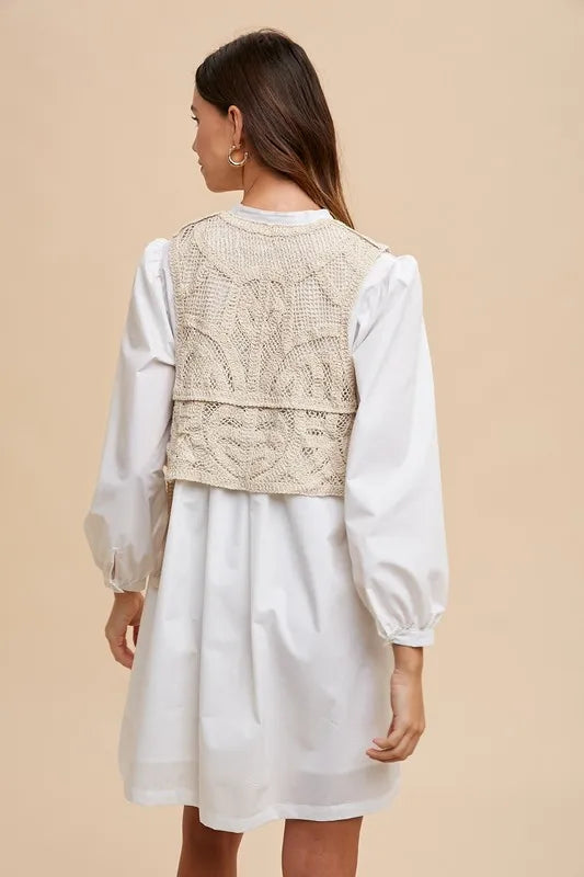 Annie Wear Crochet Vest Notched Long Sleeve Shirt Dress - Brittney MADE