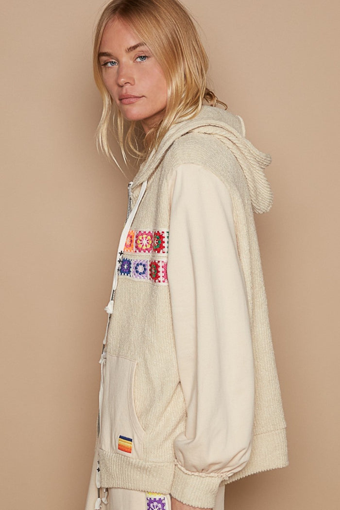 POL Contrast Square Patch Pattern Hooded Zipper Jacket - Brittney MADE