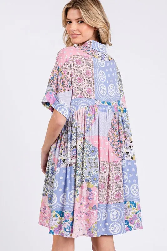 SAGE + FIG Floral Collared Neck Half Sleeve Mini Shirt Dress - Brittney MADE