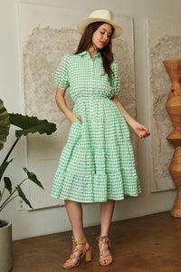 Davi & Dani Checkered Puff Sleeve Tiered Shirt Dress - Brittney MADE