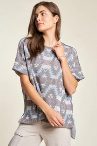 Davi & Dani High-Low Geometric Round Neck Knit Top - Brittney MADE