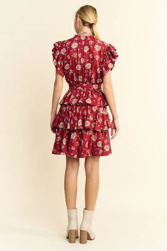 Davi & Dani Ruffle Flutter Sleeve Tie Belt Tiered Mini Dress - Brittney MADE
