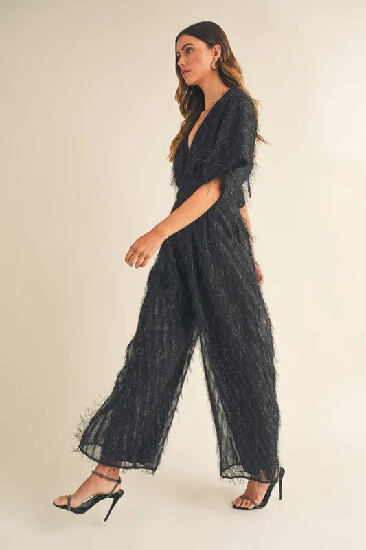 MABLE Fluffy Deep V Neck Wide Leg Jumpsuit - Brittney MADE