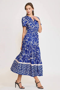 Umgee Full Size Printed Notched Short Sleeve Tiered Dress Plus Size - Brittney MADE