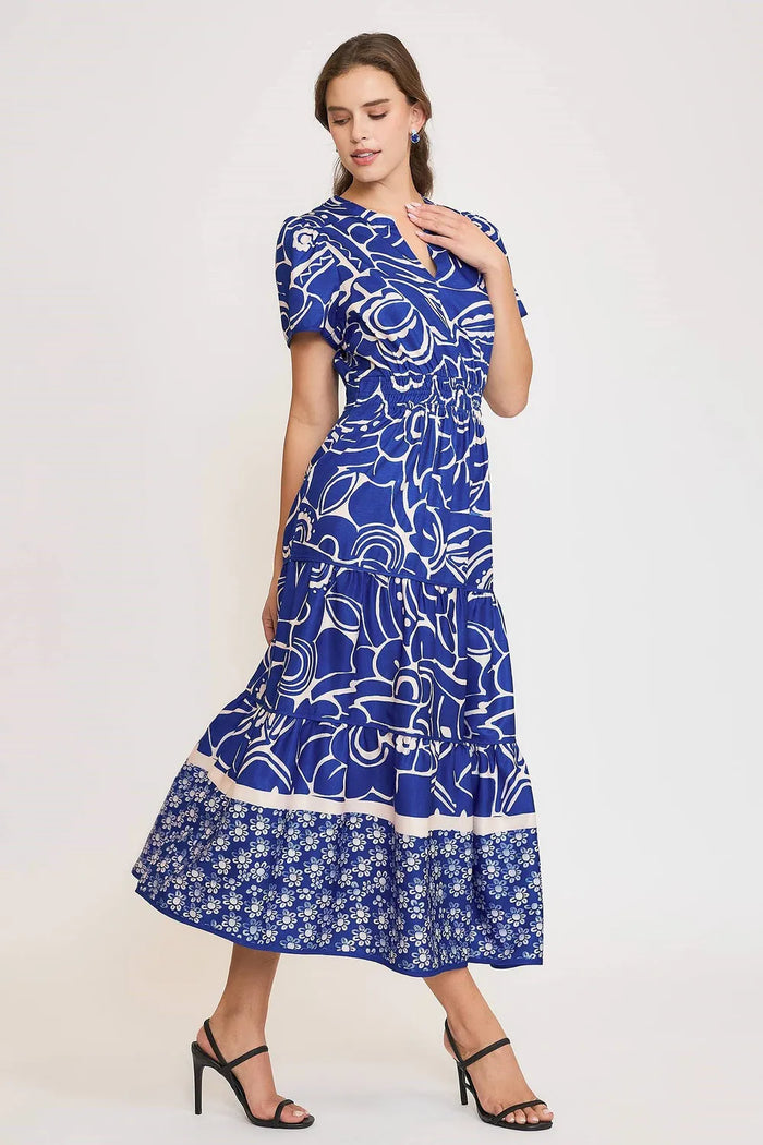 Umgee Full Size Printed Notched Short Sleeve Tiered Dress Plus Size - Brittney MADE