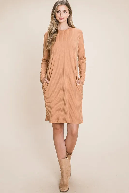 BOMBOM Round Neck Long Sleeve Ribbed Knit Dress - Brittney MADE