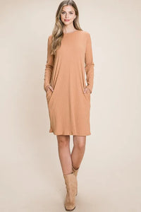 BOMBOM Round Neck Long Sleeve Ribbed Knit Dress - Brittney MADE
