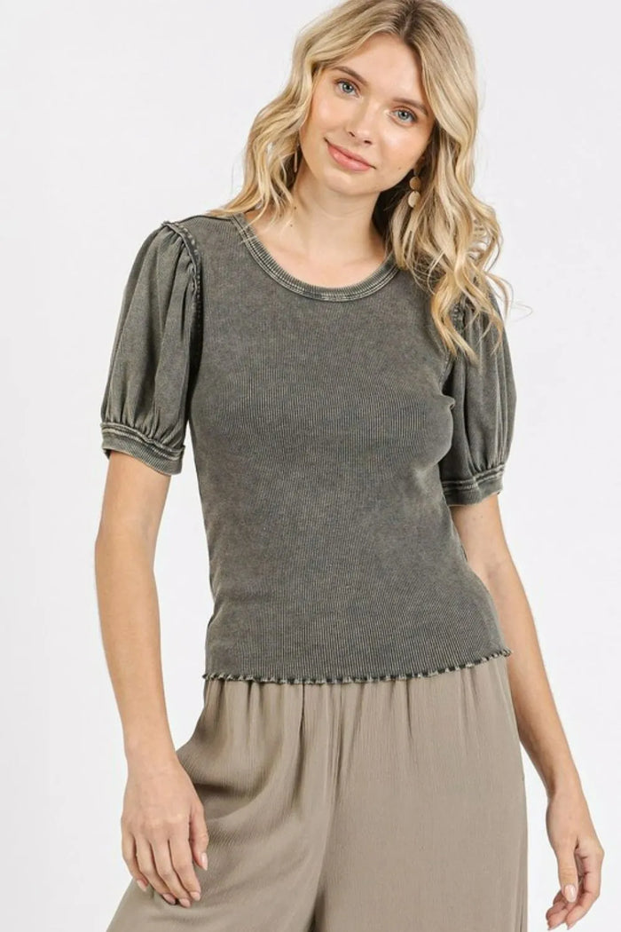 Mittoshop Mineral Wash Puff Sleeve Rib Knit Top - Brittney MADE