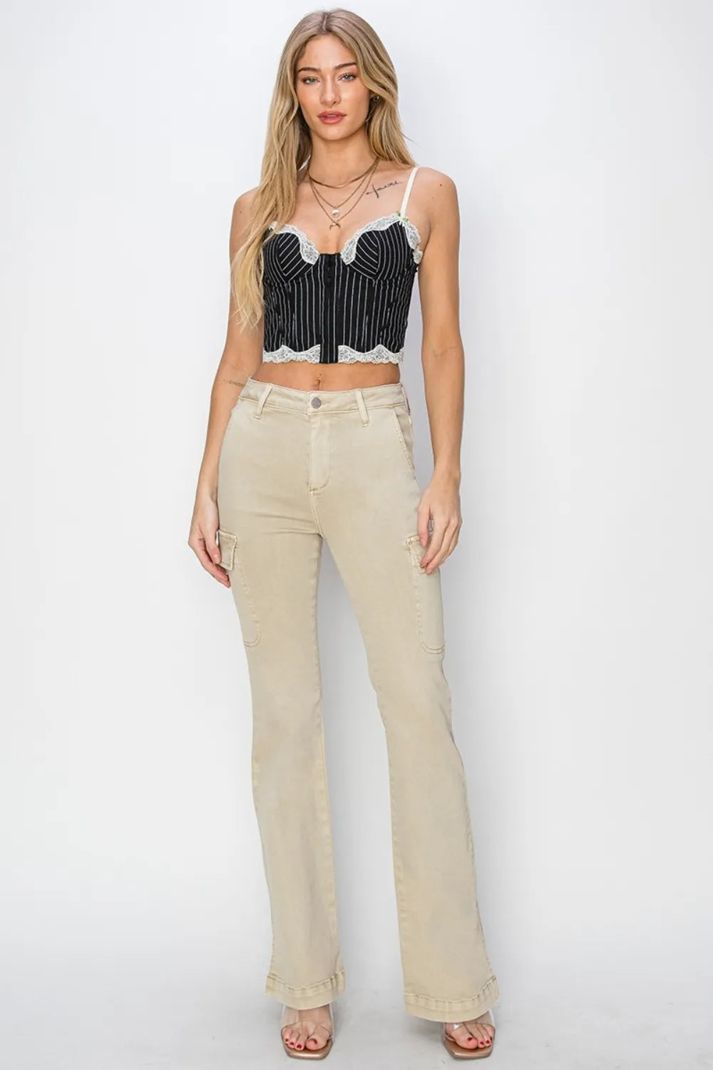 RISEN Full Size High Rise Side Slit Cargo Bootcut Jeans - Brittney MADE