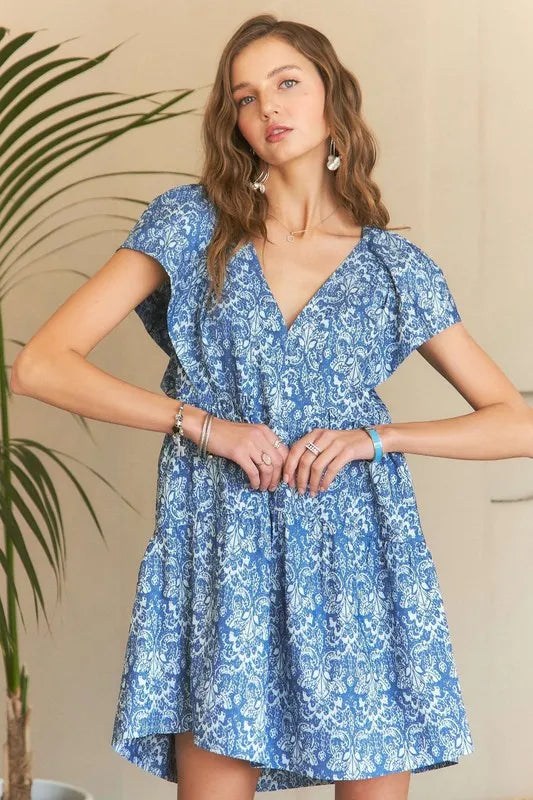 ADORA Printed V-Neck Ruffle Sleeve Mini Dress - Brittney MADE