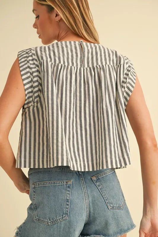 Aemi+Co Ruched Striped Round Neck Sleeveless Top - Brittney MADE