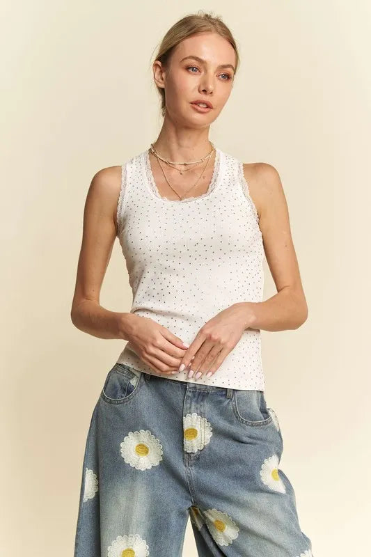 Davi & Dani Rhinestone Lace Trim Detail Tank - Brittney MADE