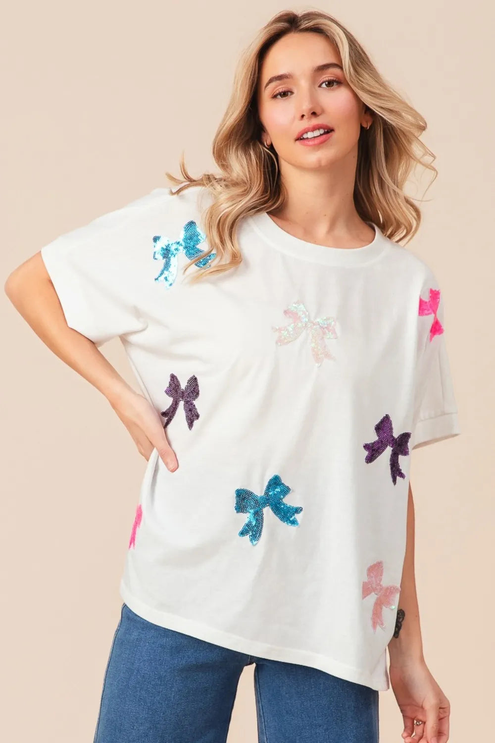 BiBi Sequin Bow Patch Short Sleeve T-Shirt - Brittney MADE