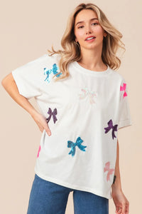 BiBi Sequin Bow Patch Short Sleeve T-Shirt - Brittney MADE