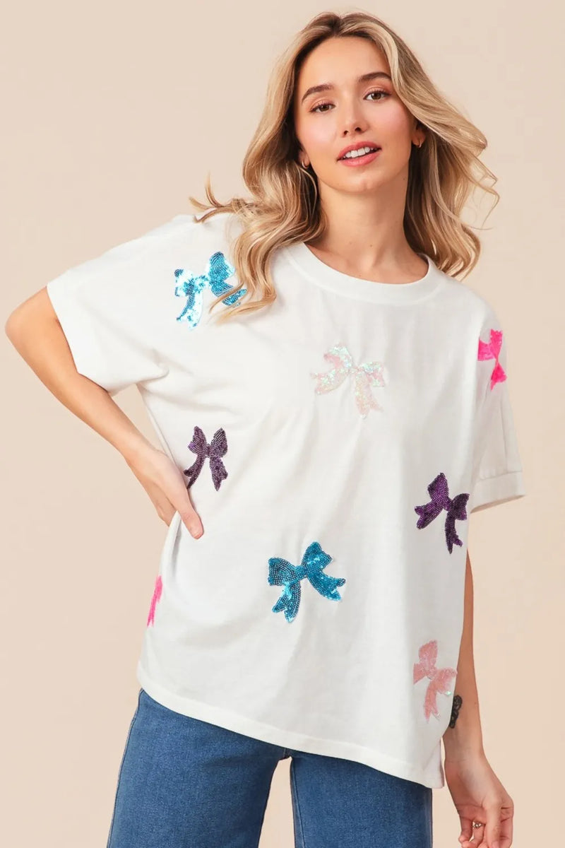 BiBi Sequin Bow Patch Short Sleeve T-Shirt - Brittney MADE
