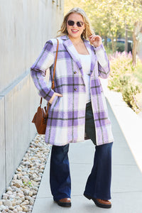 Double Take Full Size Plaid Button Up Lapel Collar Coat - Brittney MADE