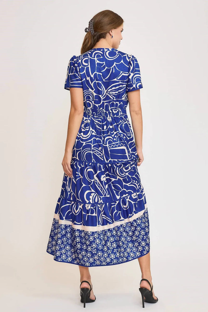 Umgee Full Size Printed Notched Short Sleeve Tiered Dress Plus Size - Brittney MADE