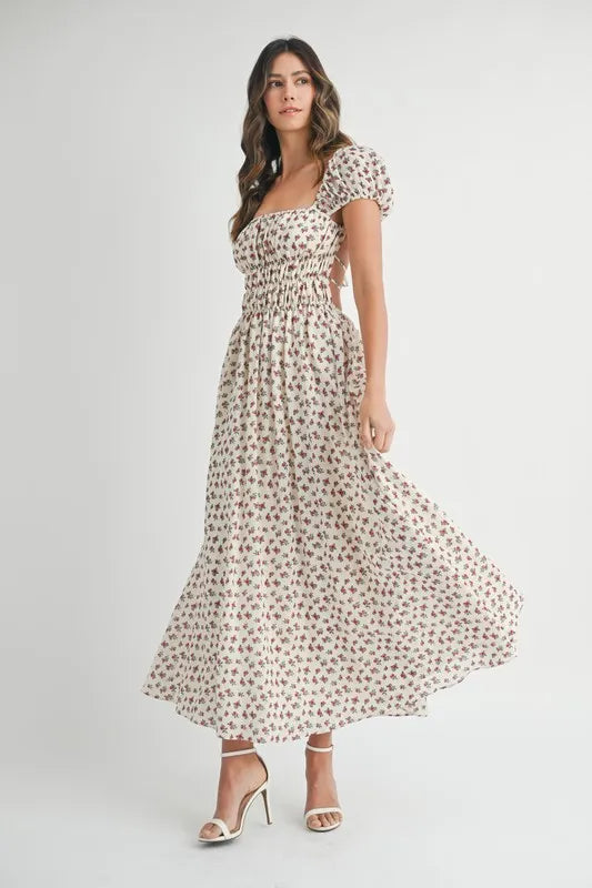 MABLE Floral Print Puff Sleeve Gathered Midi Dress - Brittney MADE