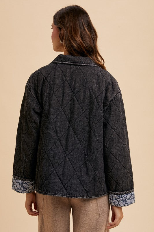 Annie Wear Quilted Printed Lining Snap Down Denim Jacket - Brittney MADE