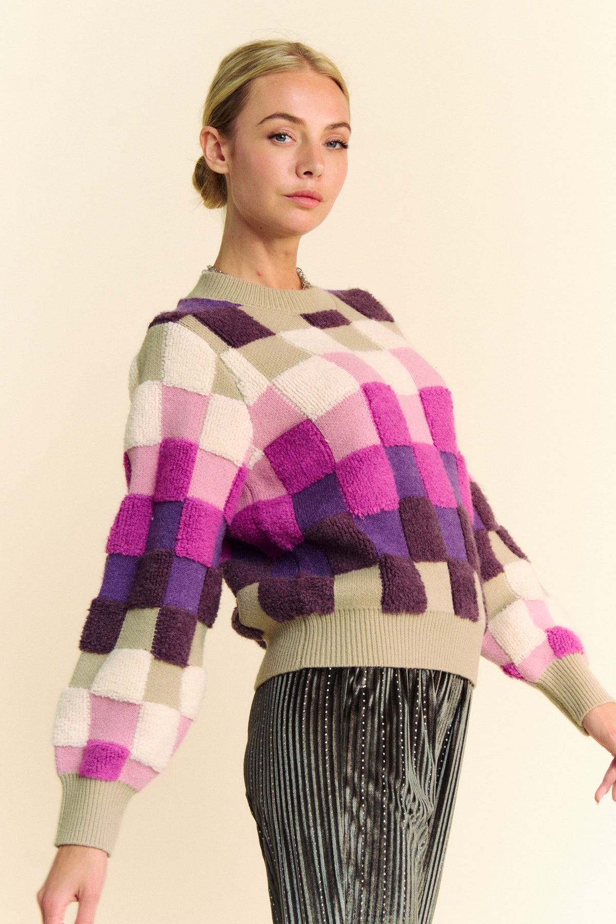 Davi & Dani Checkered Round Neck Long Sleeve Sweater - Brittney MADE
