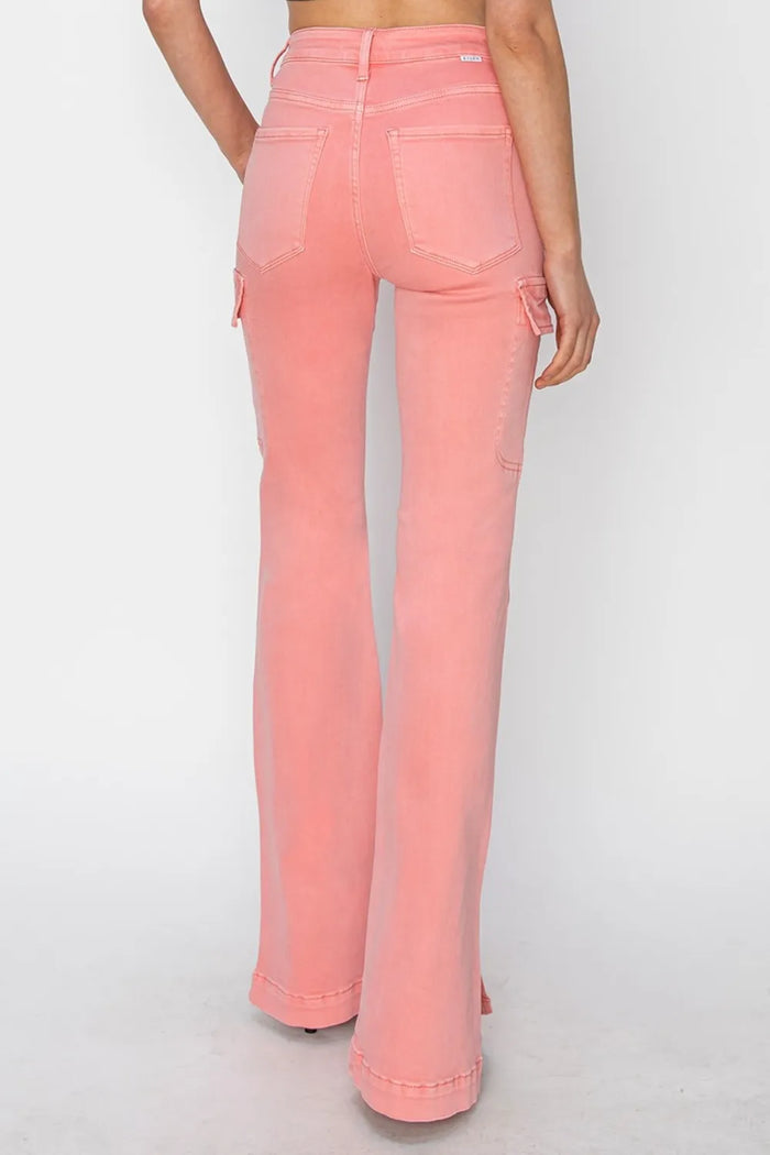 RISEN Full Size High Rise Side Slit Cargo Bootcut Jeans - Brittney MADE