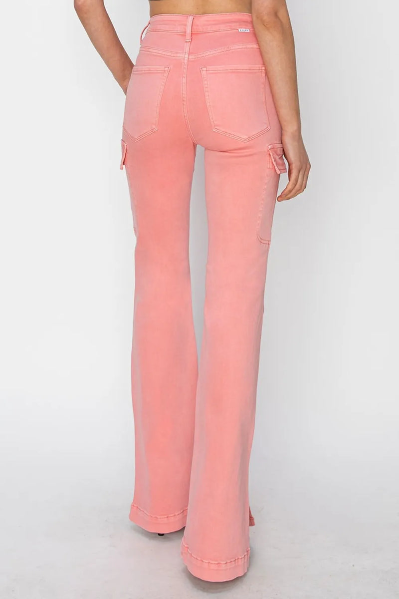 RISEN Full Size High Rise Side Slit Cargo Bootcut Jeans - Brittney MADE