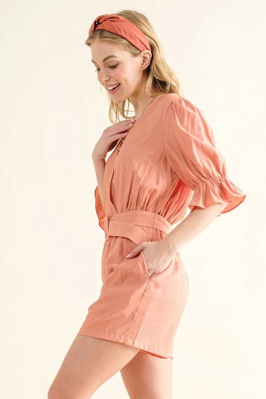 And The Why Flounce Sleeves Romper with Belt - Brittney MADE