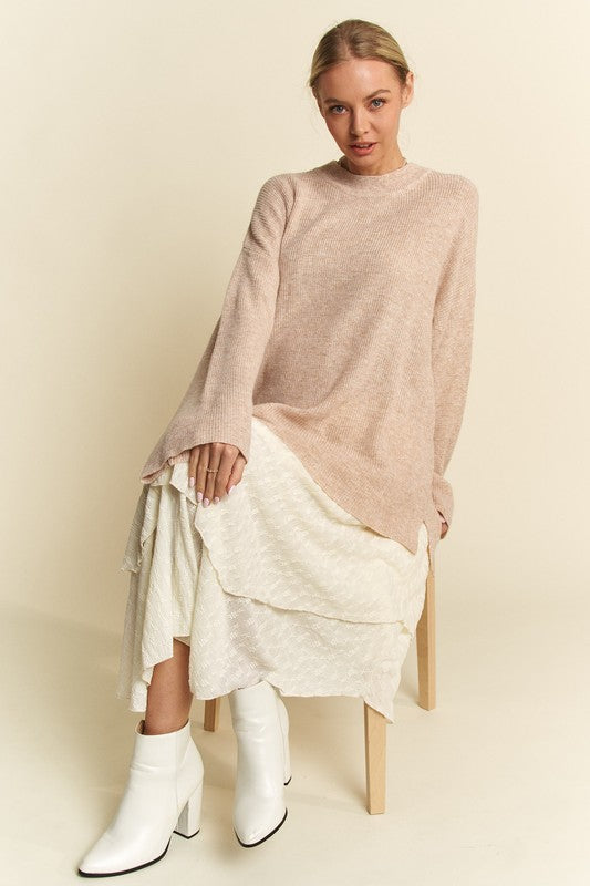 Davi & Dani High-Low Round Neck Drop Shoulder Sweater - Brittney MADE
