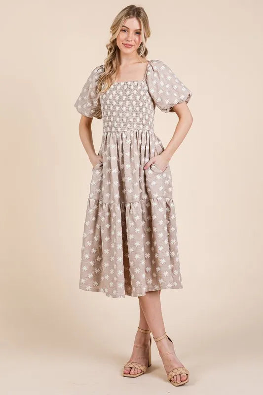 GeeGee Floral Embroidered Smocked Puff Sleeve Tiered Midi Dress - Brittney MADE