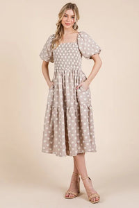GeeGee Floral Embroidered Smocked Puff Sleeve Tiered Midi Dress - Brittney MADE