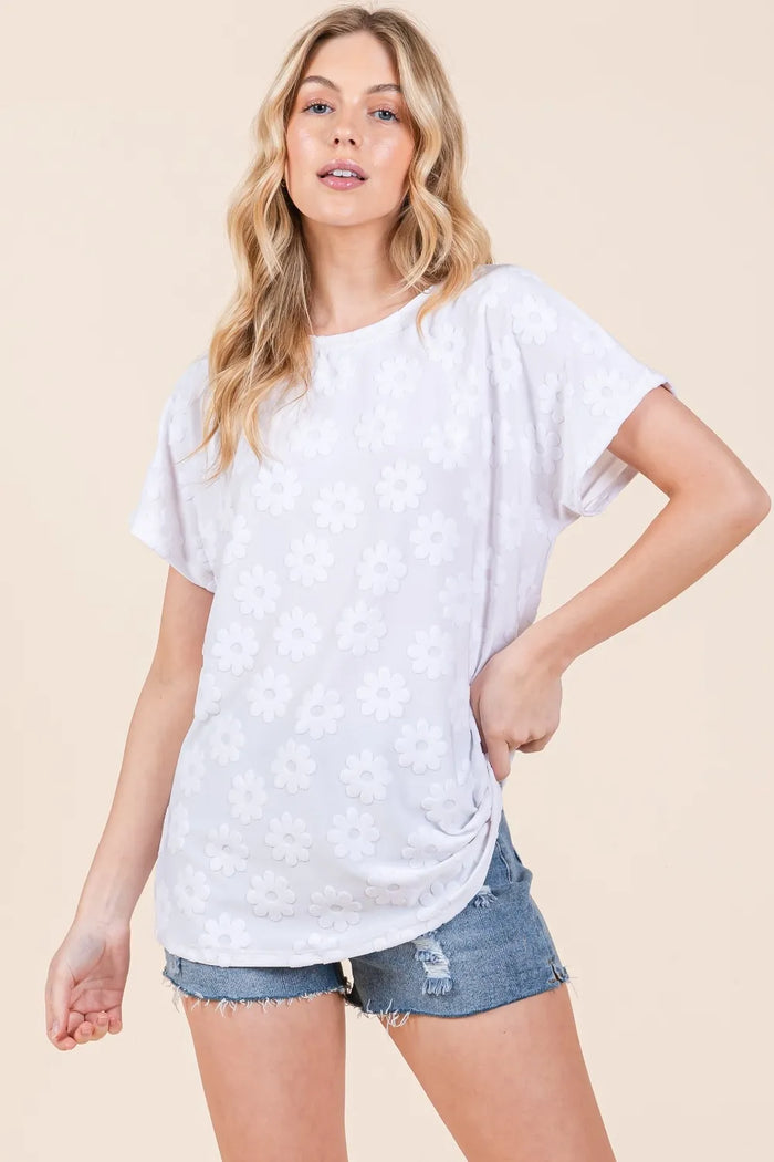 BOMBOM Floral Textured Short Sleeve T-Shirt - Brittney MADE