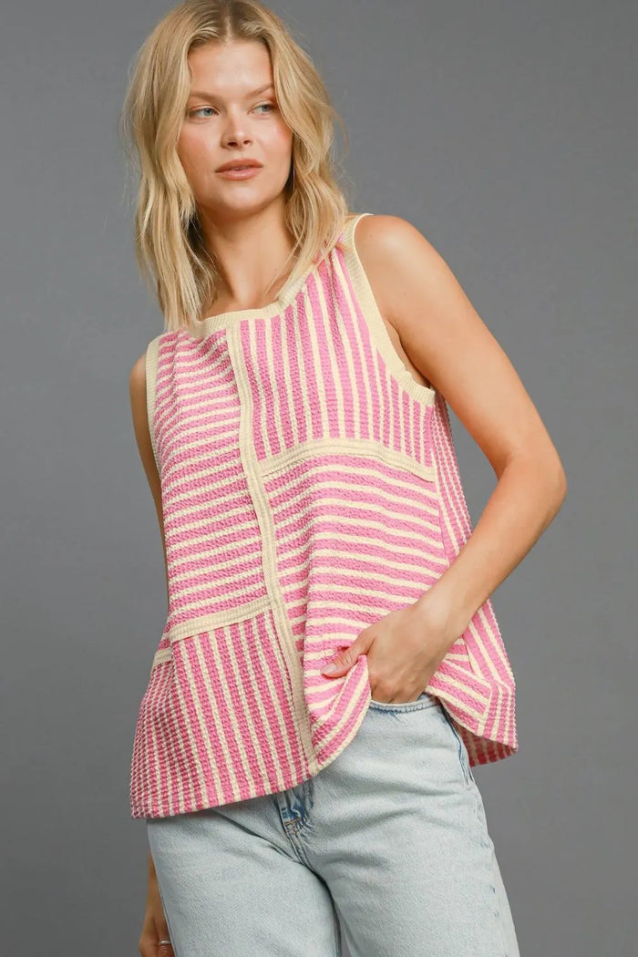 Umgee Round Neck Texture Striped Tank - Brittney MADE
