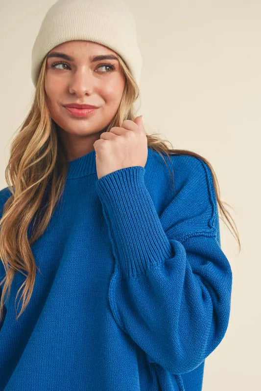 Aemi+Co Ribbed Hem Side Slit Round Neck Sweater - Brittney MADE