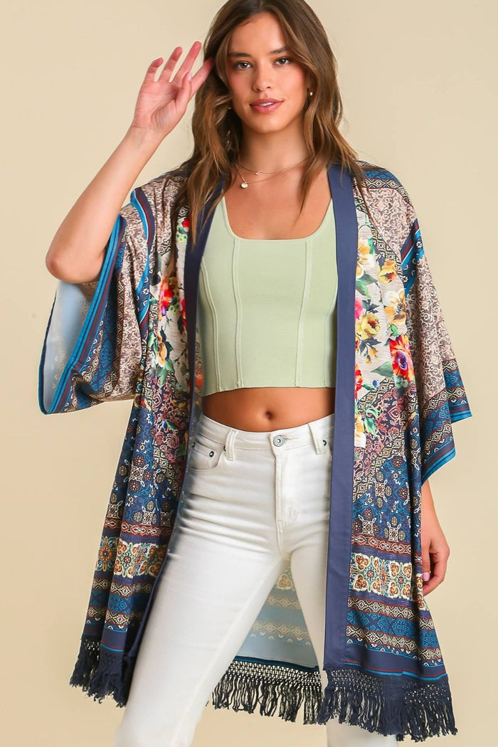 Umgee Full Size Fringe Hem Open Front Printed Kimono Sleeve Cover-Up Plus Size - Brittney MADE