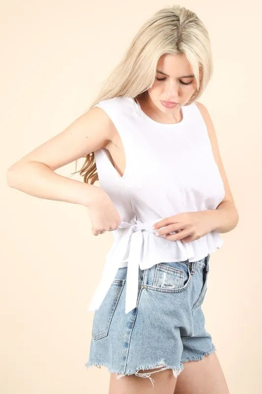 VERY J Side Tie Detail Ruffled Sleeveless Top - Brittney MADE