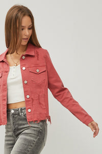 RISEN Full Size Raw Hem Button Up Cropped Denim Jacket Plus Size - Brittney MADE