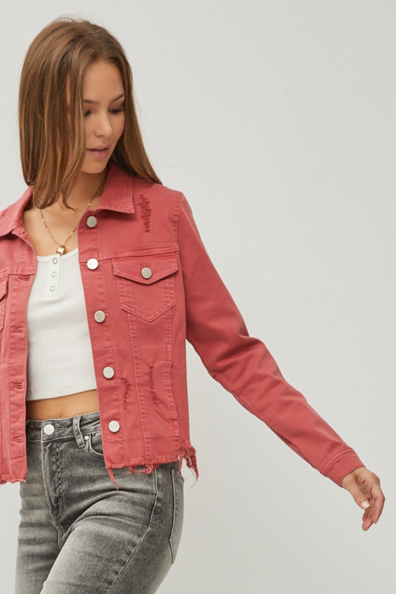 RISEN Full Size Raw Hem Button Up Cropped Denim Jacket Plus Size - Brittney MADE