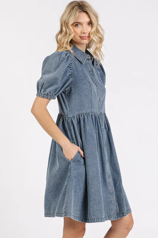 Mittoshop Button Down Puff Sleeve Denim Dress - Brittney MADE