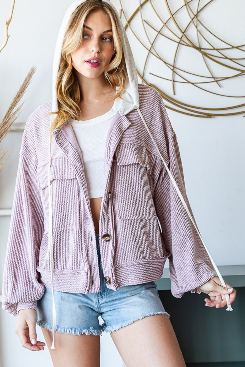 Reborn J Contrast Hooded Button Down Ribbed Jacket - Brittney MADE