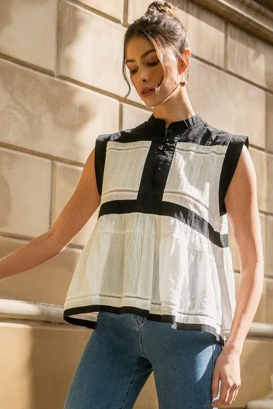 Annie Wear Contrast Trim Peplum Button Detail Blouse - Brittney MADE