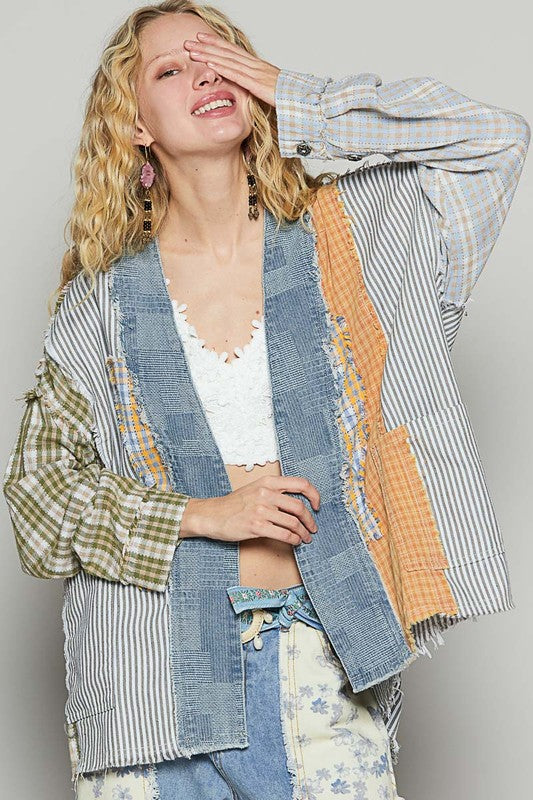 POL Raw Edge Plaid & Striped Open Front Cardigan - Brittney MADE