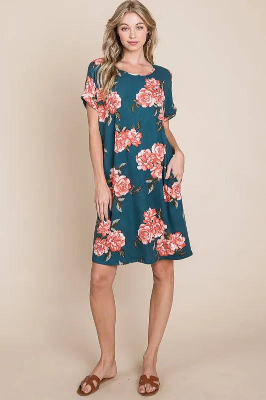 BOMBOM Floral Round Neck Short Tee Dress with Pockets - Brittney MADE